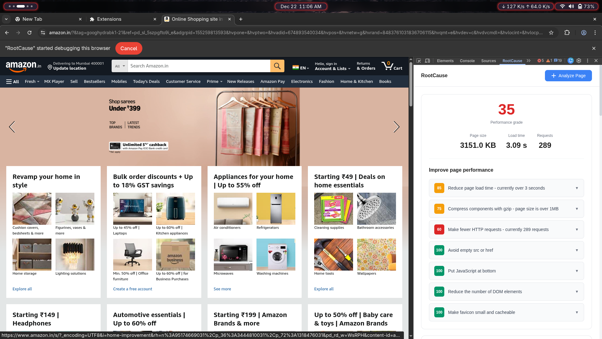 RootCause analysis panel with metrics and prioritized insights